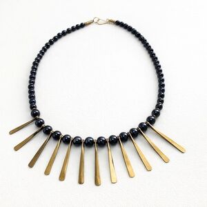 SERRV Fair Trade Black Glass Bead Necklace Brass Fringe Kenya Handmade Statement